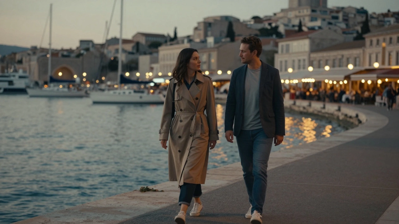 A man and woman stroll quietly along Marseille&#039;s Old Port at dusk, lights reflecting on water, sharing a calm conversation.