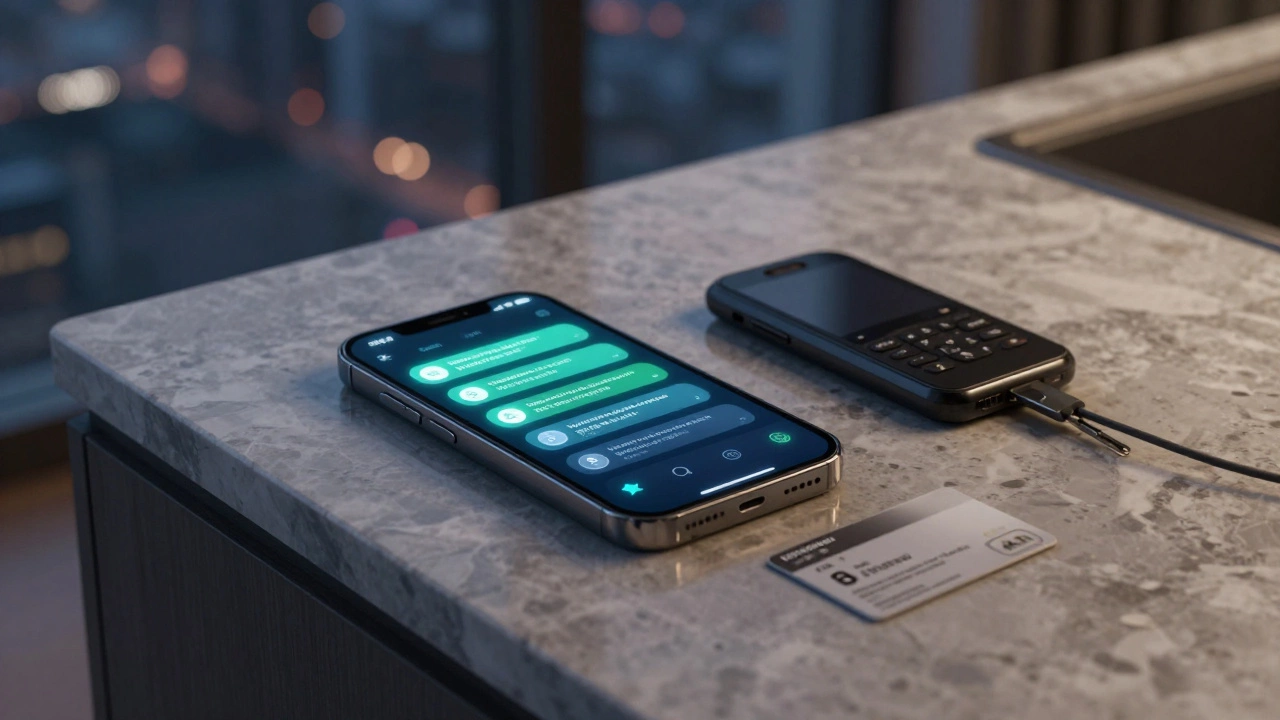 A smartphone displaying encrypted messages with a burner phone and keycard nearby, symbolizing privacy.