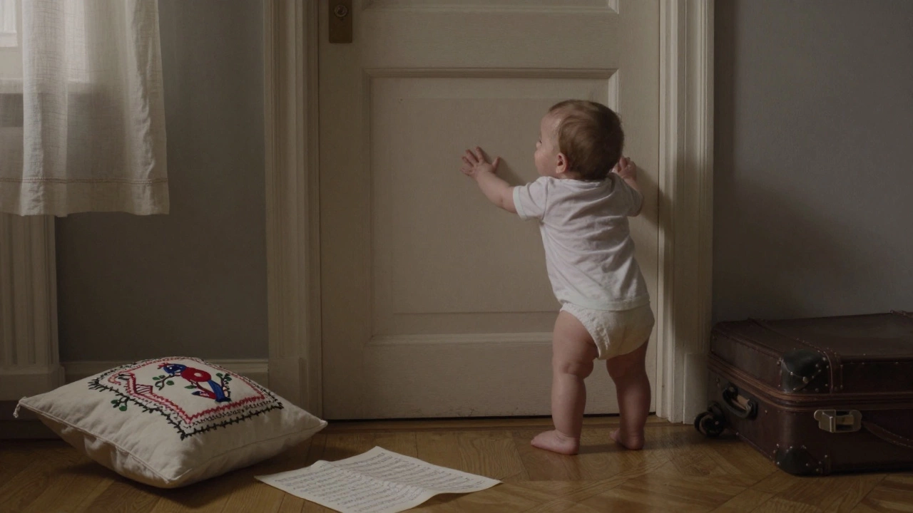 A toddler reaches for a closed door as a suitcase waits nearby, the room filled with quiet sorrow.