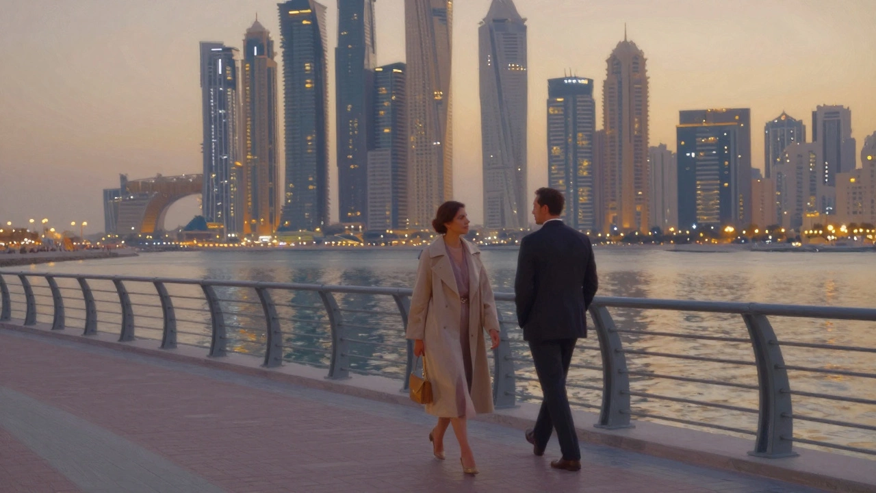 A woman and man walking peacefully along a Dubai waterfront at dusk, exuding quiet elegance and discretion.