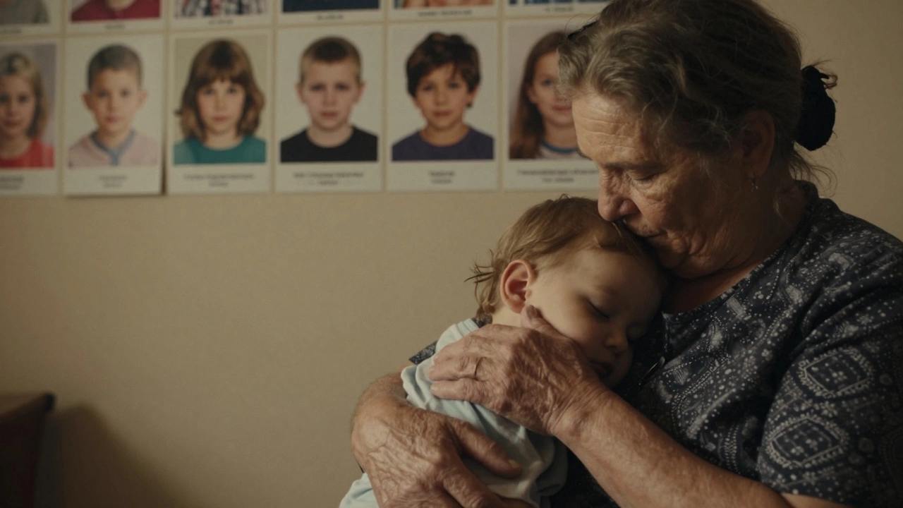 An elderly woman holds a sleeping child, whispering a lullaby, with photos of past caregivers on the wall.